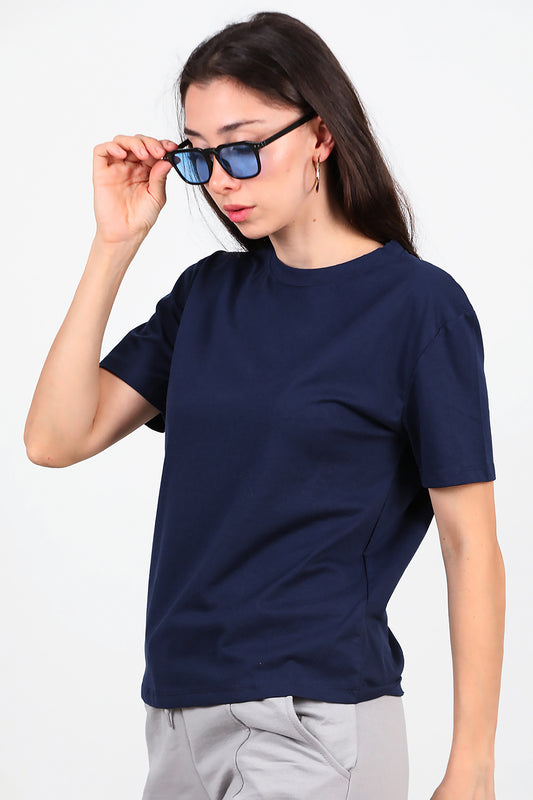 Kadın Bisiklet Yaka T-Shirt Lacivert