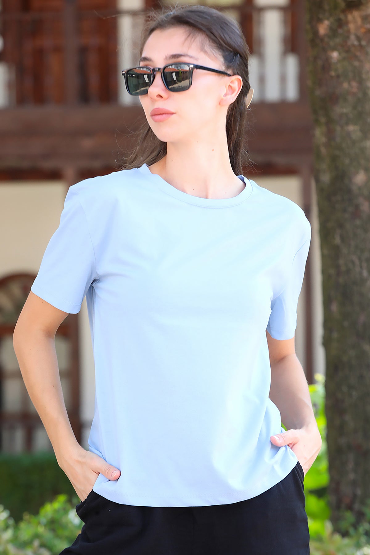 Kadın Bisiklet Yaka T-Shirt Mavi
