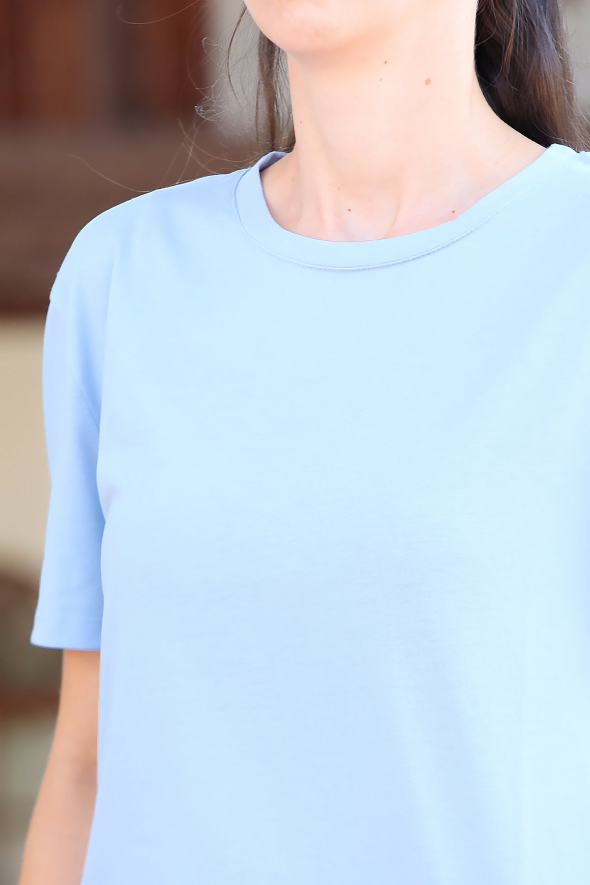 Kadın Bisiklet Yaka T-Shirt Mavi