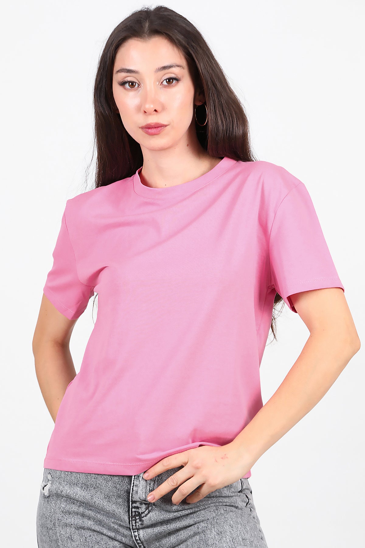 Kadın Bisiklet Yaka T-Shirt Pembe