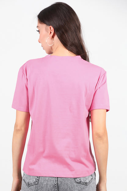 Kadın Bisiklet Yaka T-Shirt Pembe
