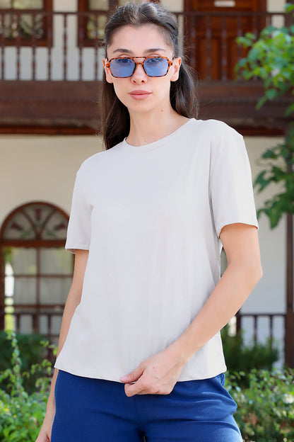 Kadın Bisiklet Yaka T-Shirt Vizon