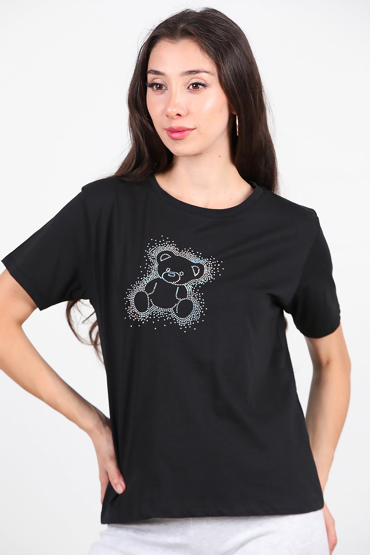 Kadın Taş Baskılı T-Shirt Siyah