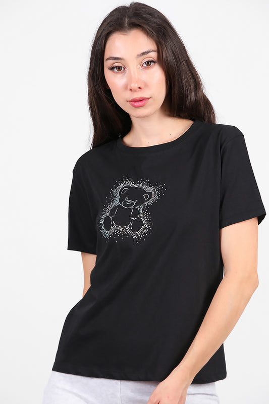 Kadın Taş Baskılı T-Shirt Siyah