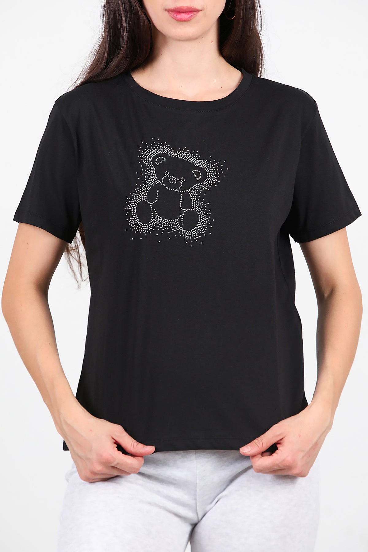 Kadın Taş Baskılı T-Shirt Siyah