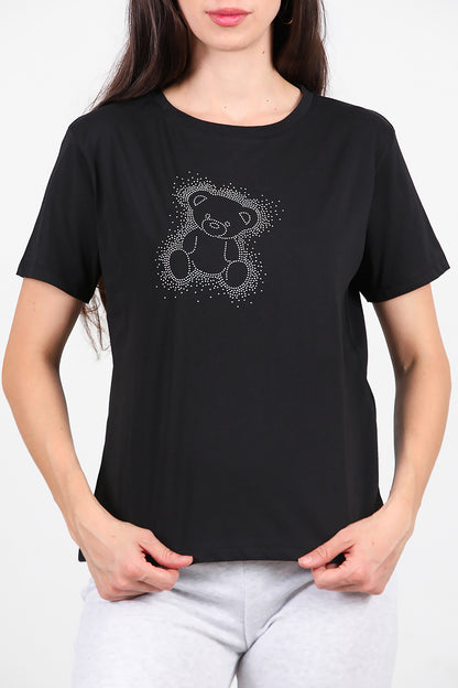 Kadın Taş Baskılı T-Shirt Siyah