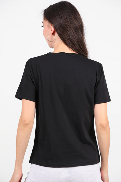 Kadın Taş Baskılı T-Shirt Siyah