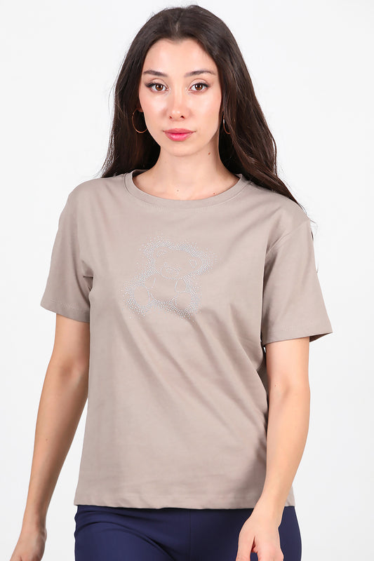 Kadın Taş Baskılı T-Shirt Vizon