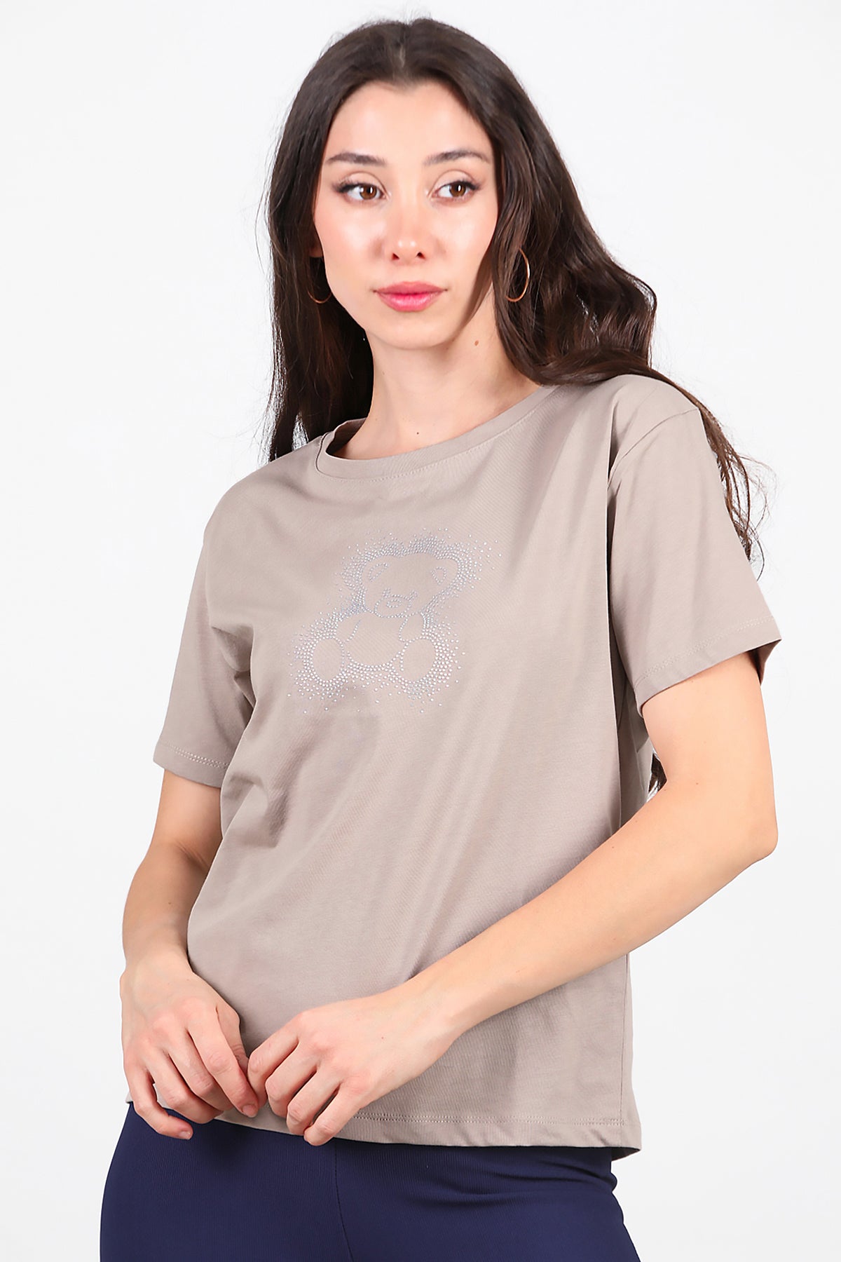 Kadın Taş Baskılı T-Shirt Vizon