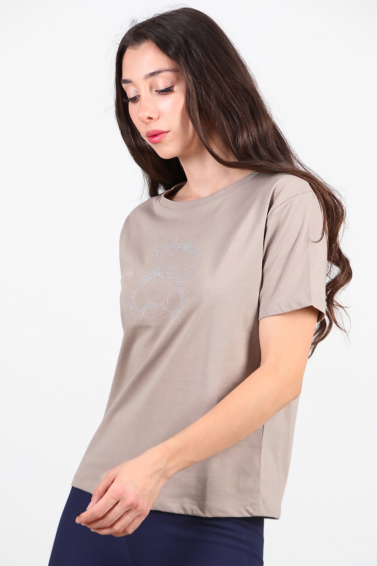 Kadın Taş Baskılı T-Shirt Vizon