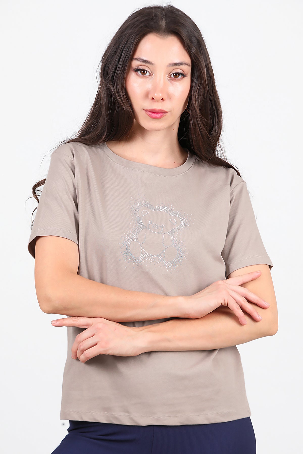 Kadın Taş Baskılı T-Shirt Vizon