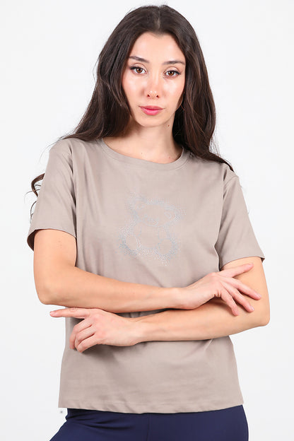 Kadın Taş Baskılı T-Shirt Vizon