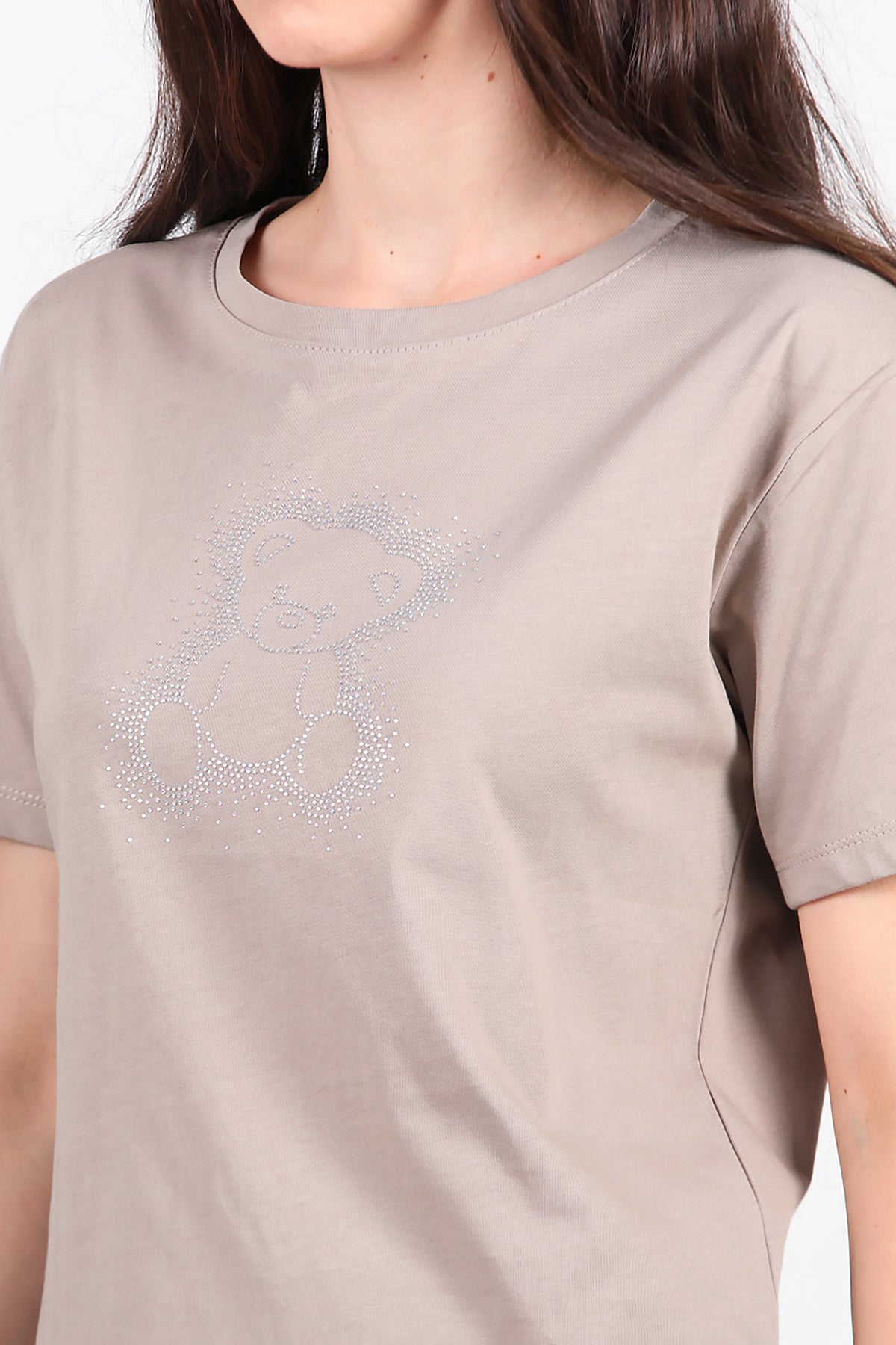 Kadın Taş Baskılı T-Shirt Vizon
