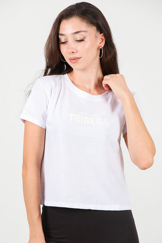 Kadın Ön-arka Baskılı T-Shirt Beyaz