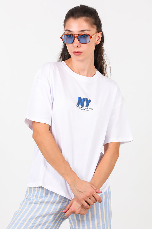 Kadın Ön Arka Baskılı T-Shirt Beyaz