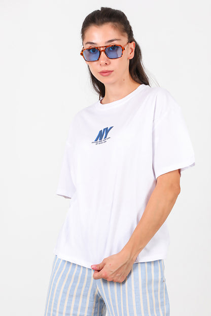 Kadın Ön Arka Baskılı T-Shirt Beyaz