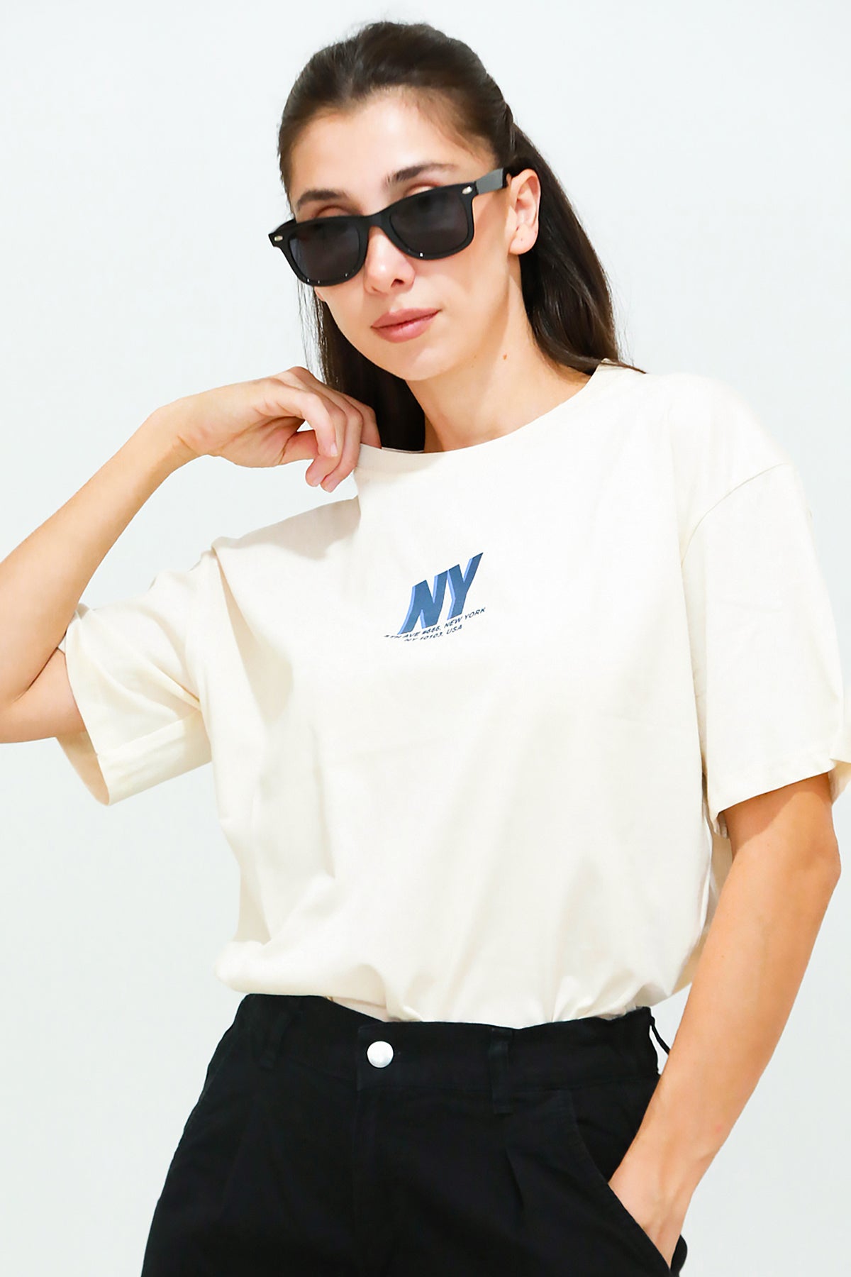 Kadın Ön Arka Baskılı T-Shirt  Krem