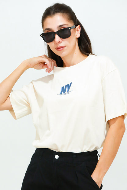 Kadın Ön Arka Baskılı T-Shirt  Krem