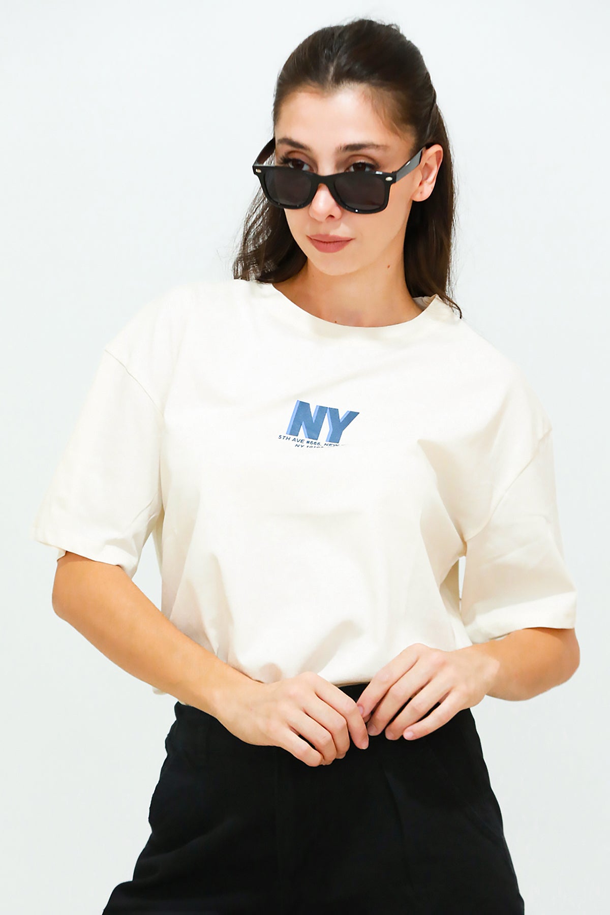 Kadın Ön Arka Baskılı T-Shirt  Krem