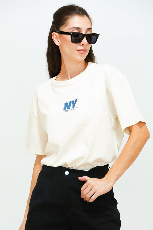 Kadın Ön Arka Baskılı T-Shirt  Krem