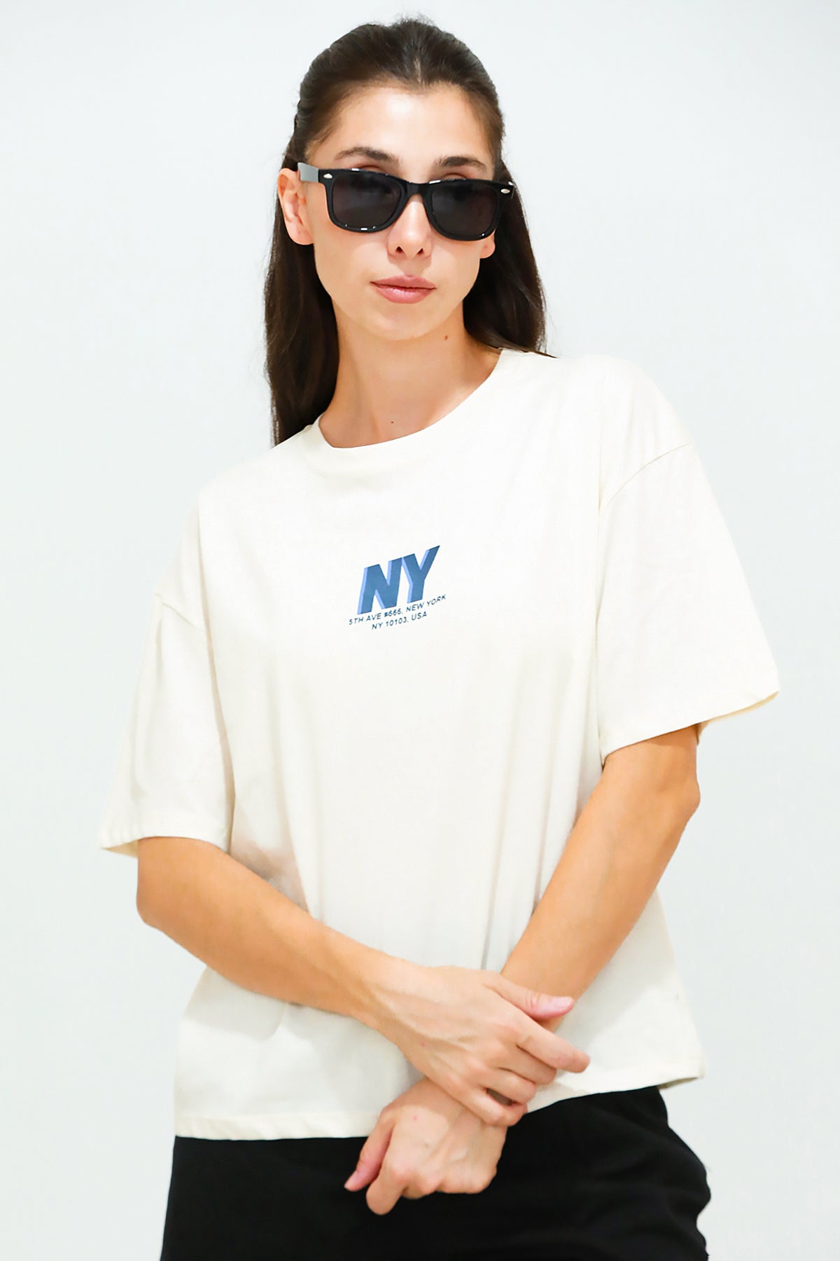 Kadın Ön Arka Baskılı T-Shirt  Krem