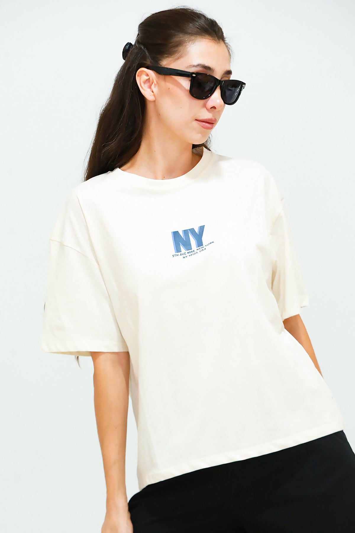 Kadın Ön Arka Baskılı T-Shirt  Krem