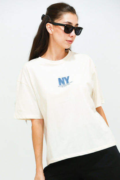 Kadın Ön Arka Baskılı T-Shirt  Krem