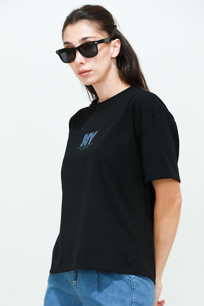 Kadın Ön Arka Baskılı T-Shirt Siyah