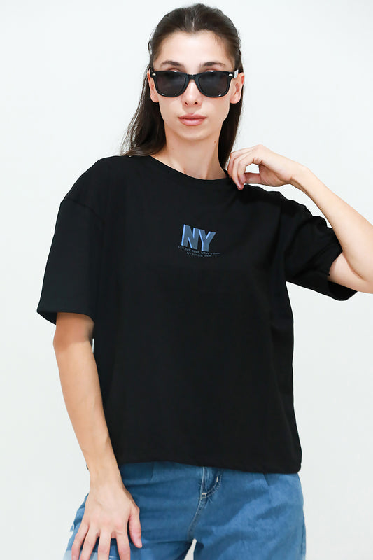 Kadın Ön Arka Baskılı T-Shirt Siyah