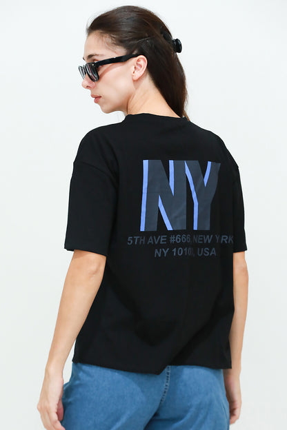 Kadın Ön Arka Baskılı T-Shirt Siyah