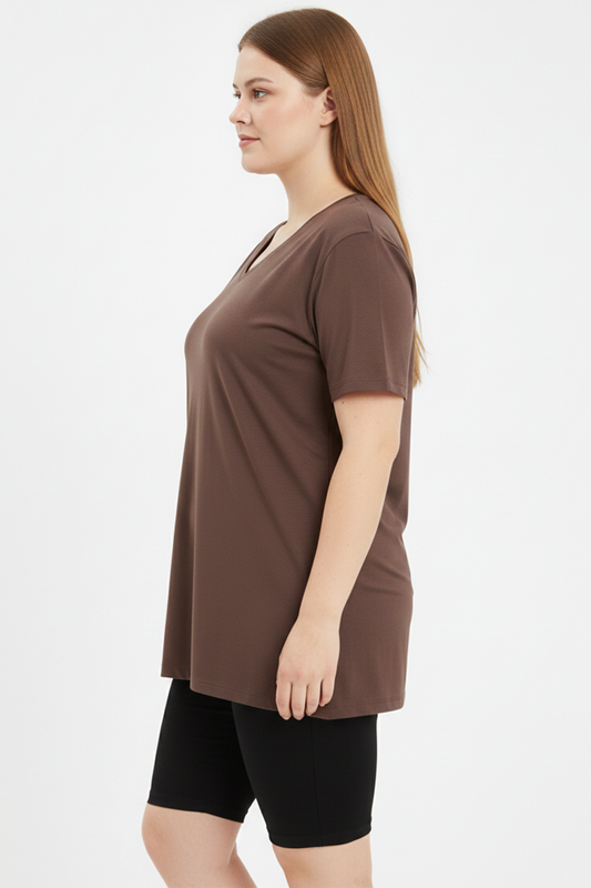 Comftee Büyük Beden Oversize V Yaka Tshırt Kahverengi