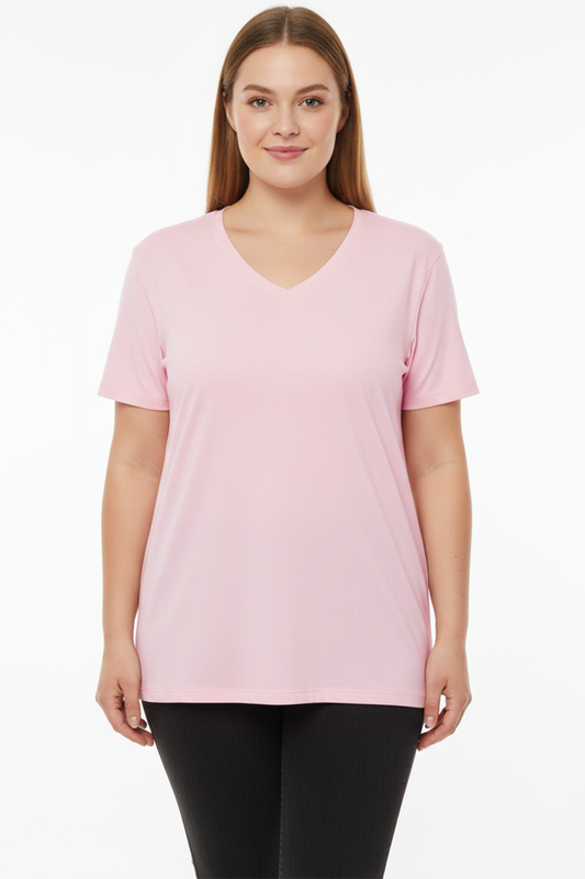 Comftee Büyük Beden Oversize V Yaka Tshırt Pembe