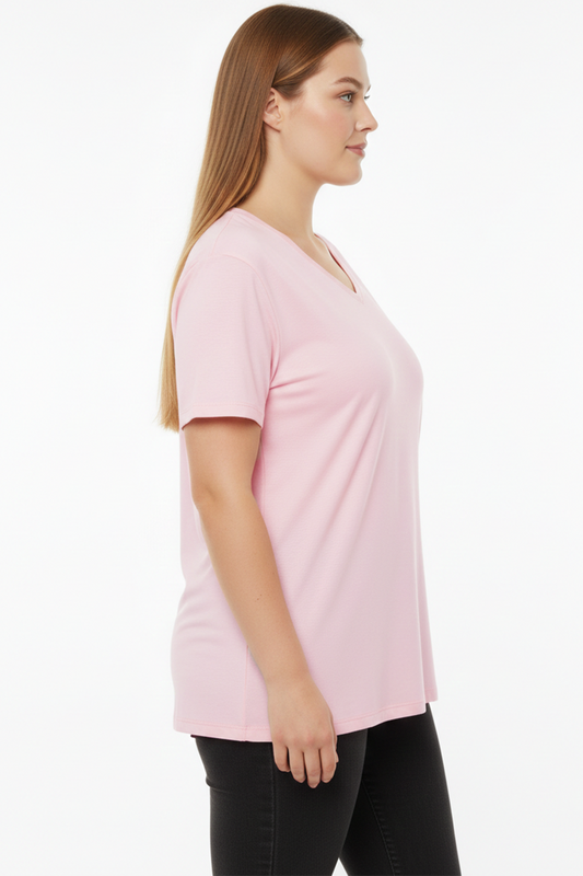Comftee Büyük Beden Oversize V Yaka Tshırt Pembe