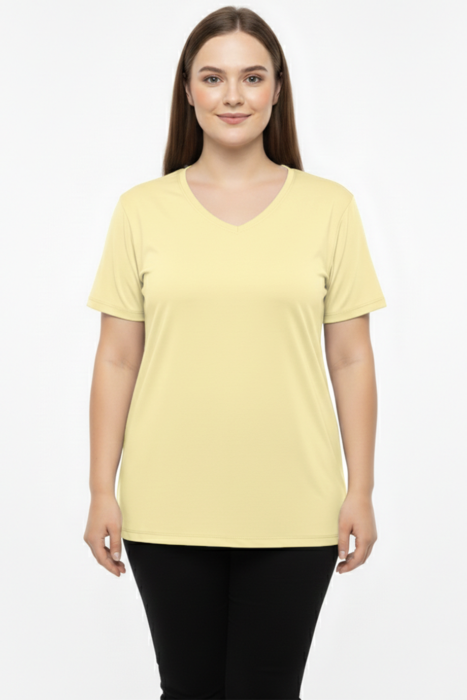 Comftee Büyük Beden Oversize V Yaka Tshırt Sarı