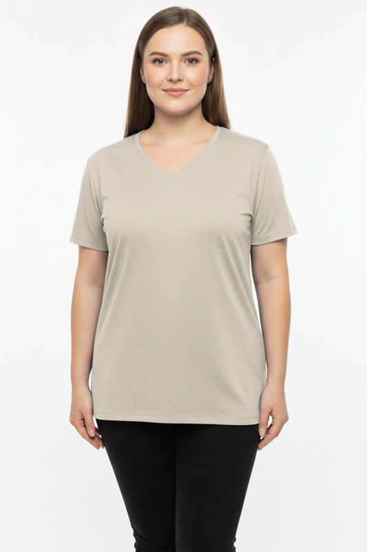 Comftee Büyük Beden Oversize V Yaka Tshırt Vizon