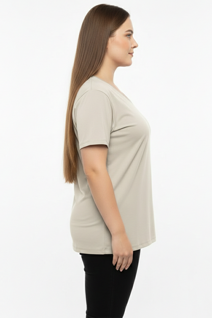 Comftee Büyük Beden Oversize V Yaka Tshırt Vizon