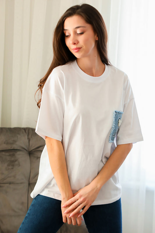Kadın Cep Kot Detaylı Tshirt Ekru