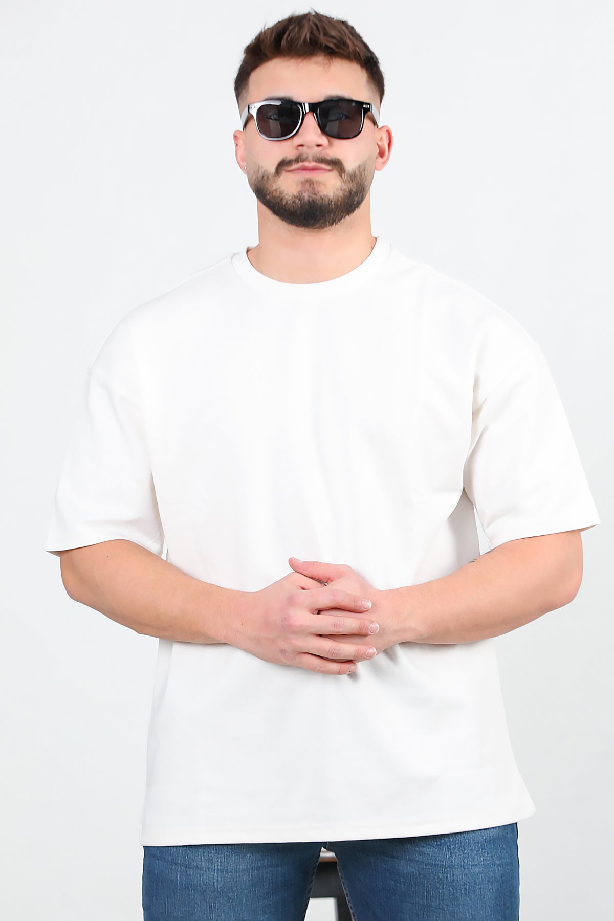 Erkek Bisiklet Yaka Oversize T-shirt Ekru
