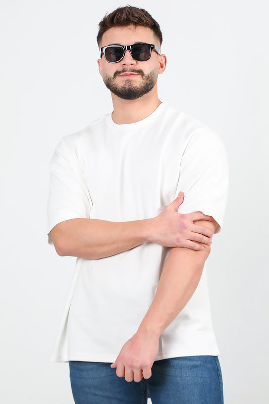 Erkek Bisiklet Yaka Oversize T-shirt Ekru