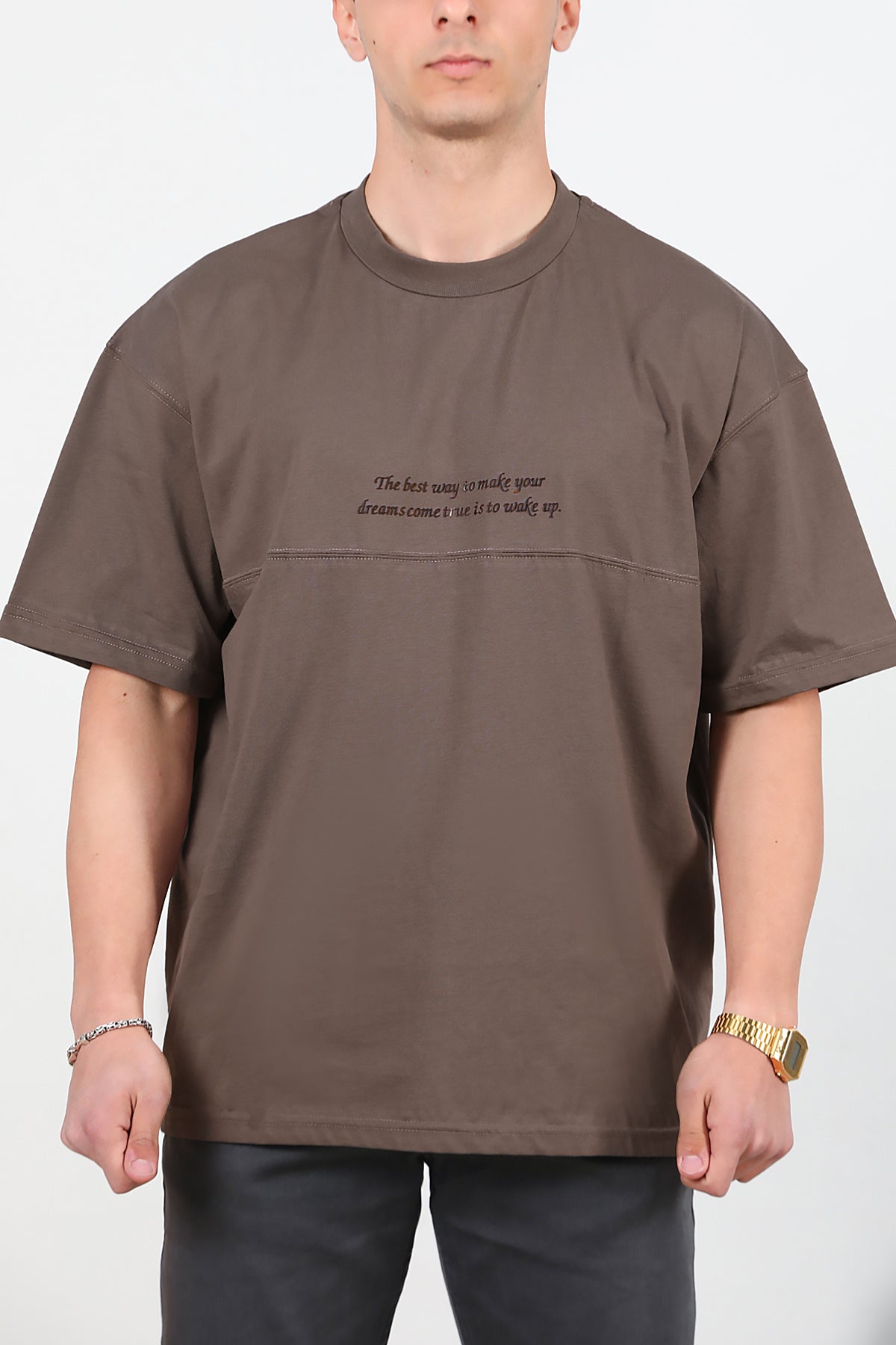 Erkek Yazılı Çimalı Oversize Tshirt Kahverengi