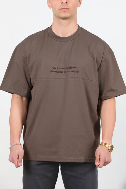 Erkek Yazılı Çimalı Oversize Tshirt Kahverengi