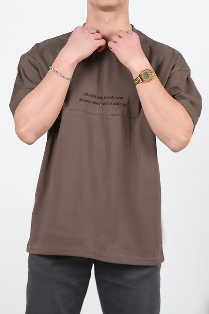 Erkek Yazılı Çimalı Oversize Tshirt Kahverengi