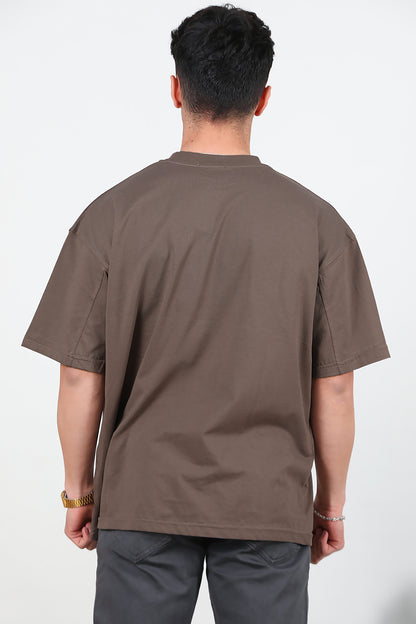 Erkek Yazılı Çimalı Oversize Tshirt Kahverengi