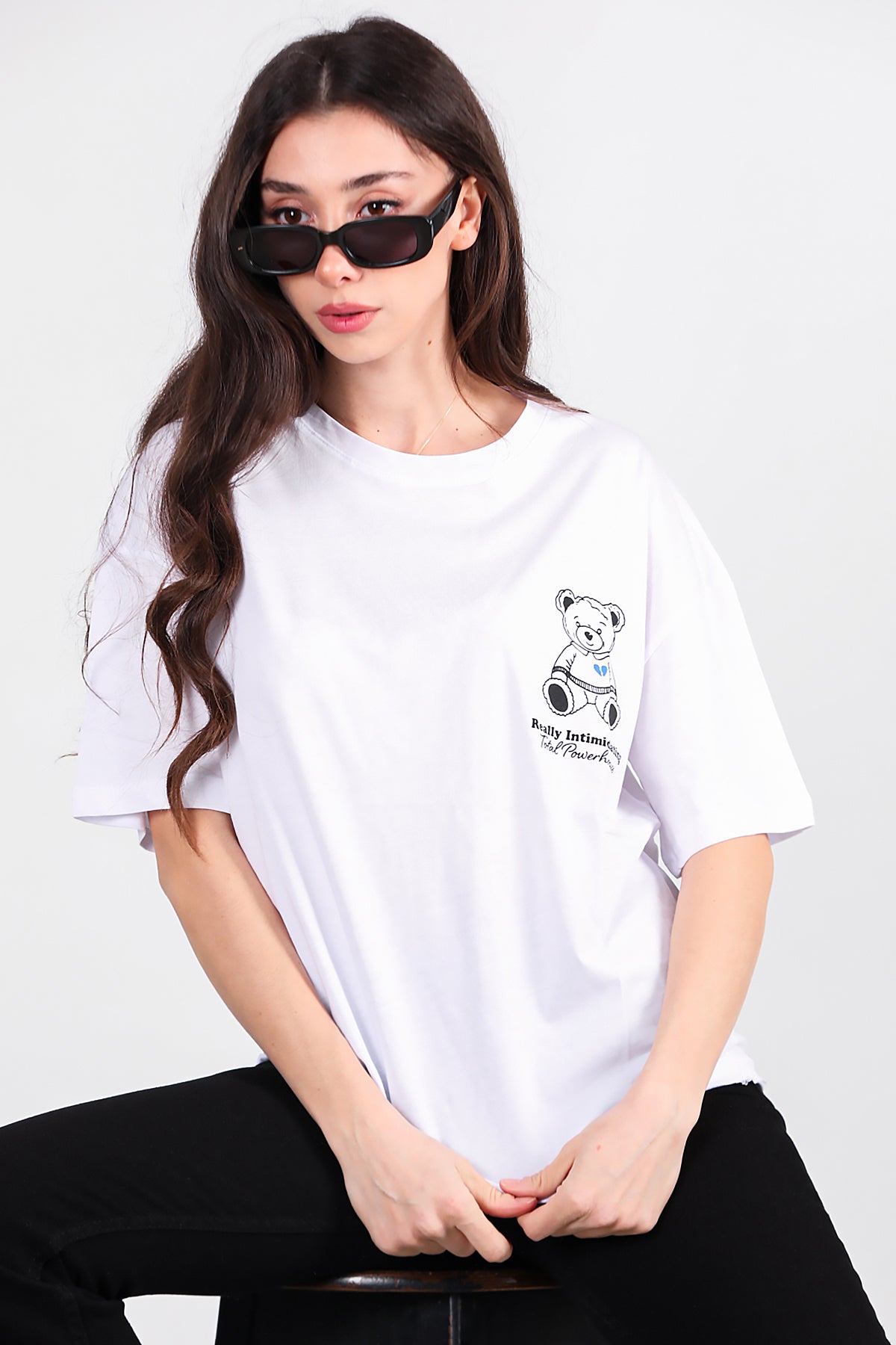 Kadın Ayıcık Baskılı Oversize Tshirt Ekru