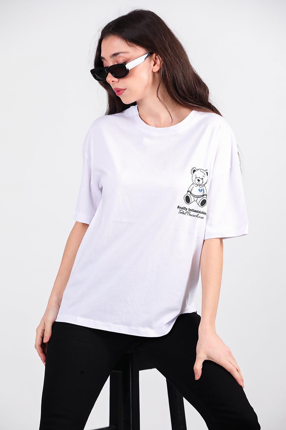 Kadın Ayıcık Baskılı Oversize Tshirt Ekru