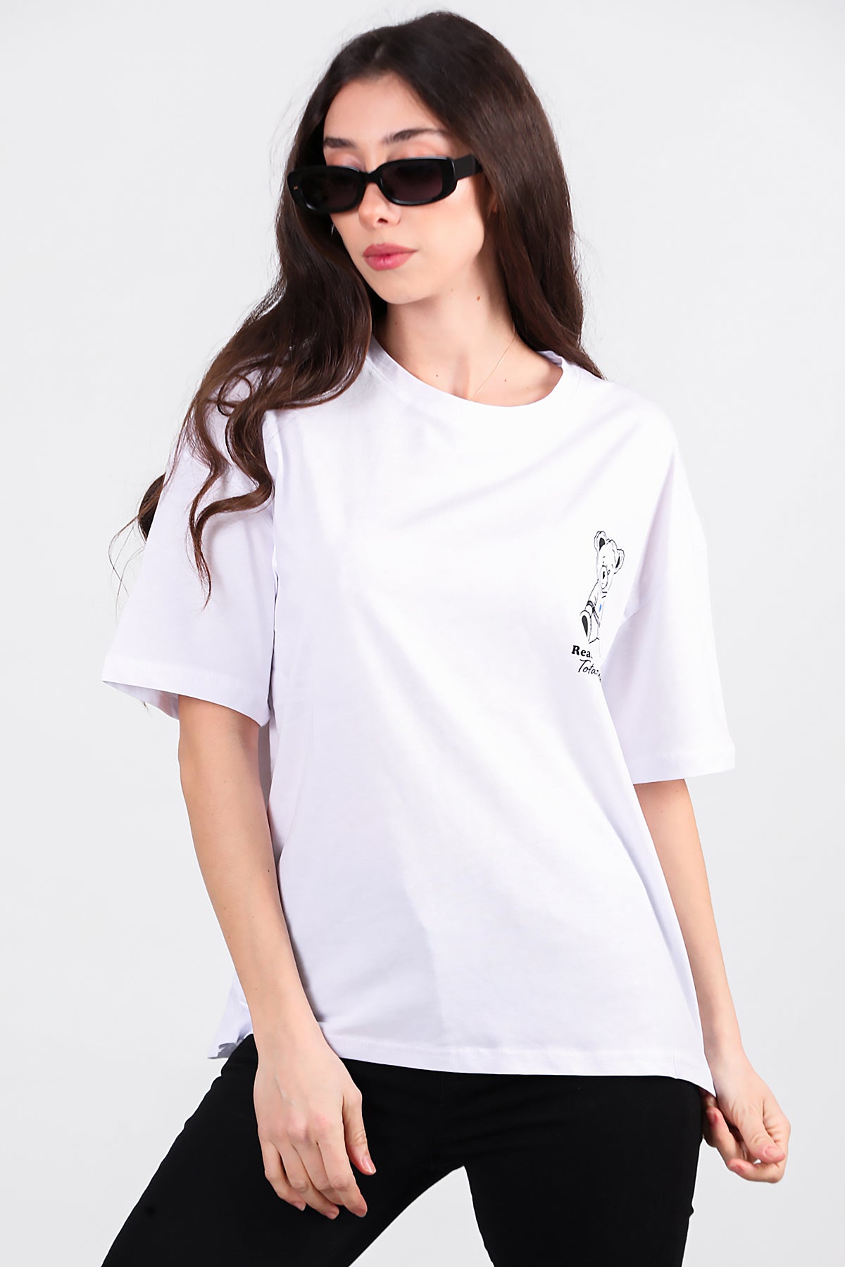 Kadın Ayıcık Baskılı Oversize Tshirt Ekru
