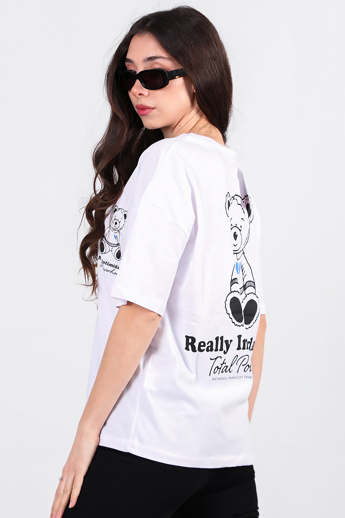 Kadın Ayıcık Baskılı Oversize Tshirt Ekru