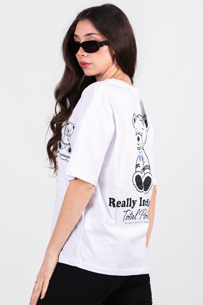 Kadın Ayıcık Baskılı Oversize Tshirt Ekru