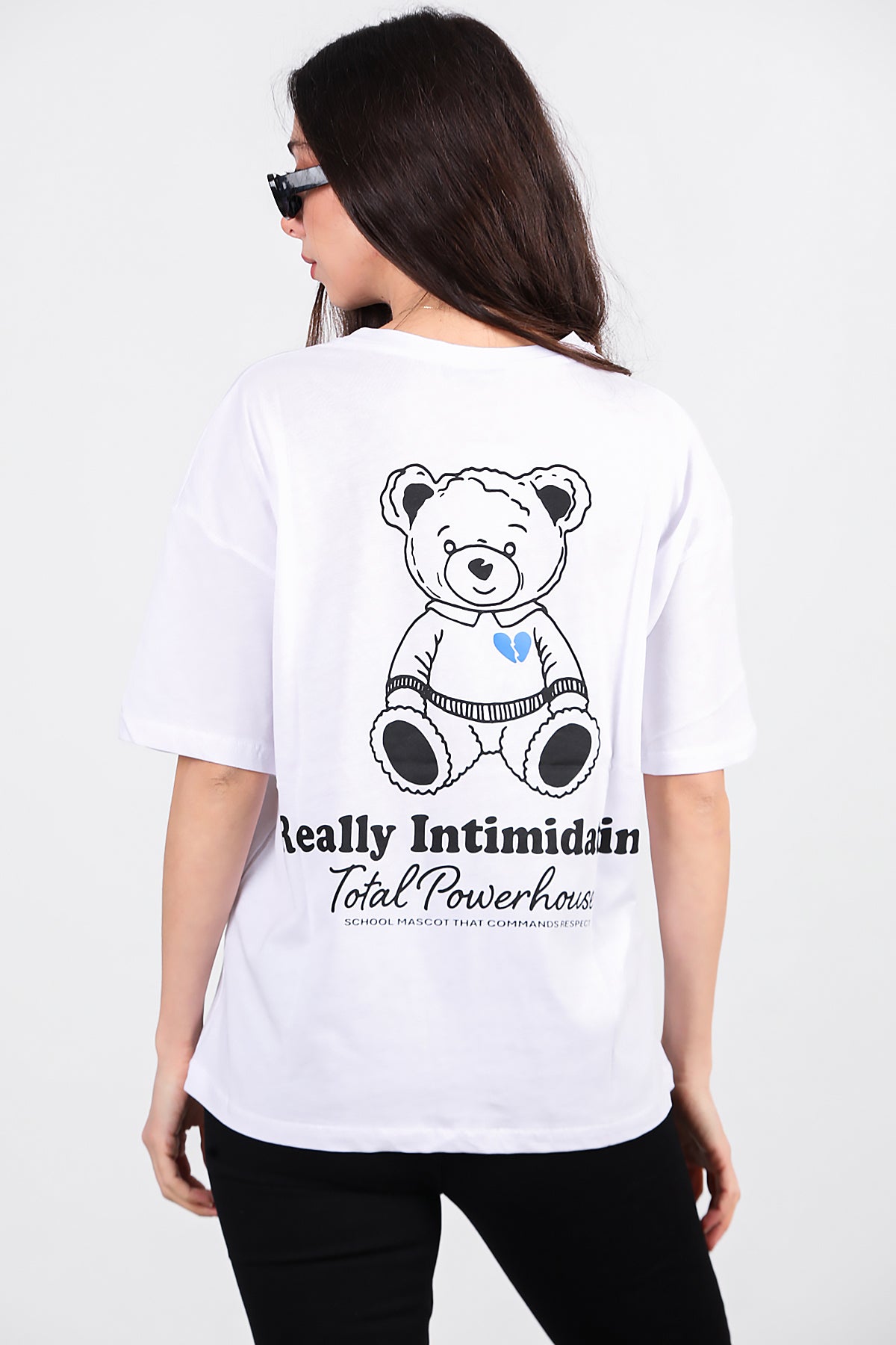 Kadın Ayıcık Baskılı Oversize Tshirt Ekru