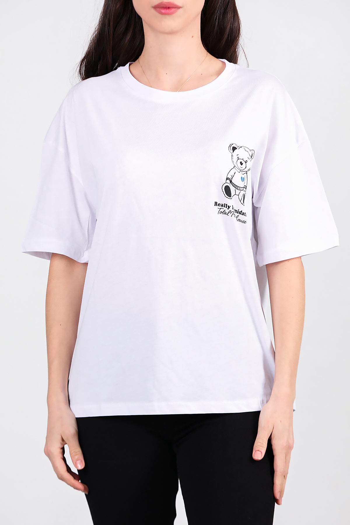 Kadın Ayıcık Baskılı Oversize Tshirt Ekru